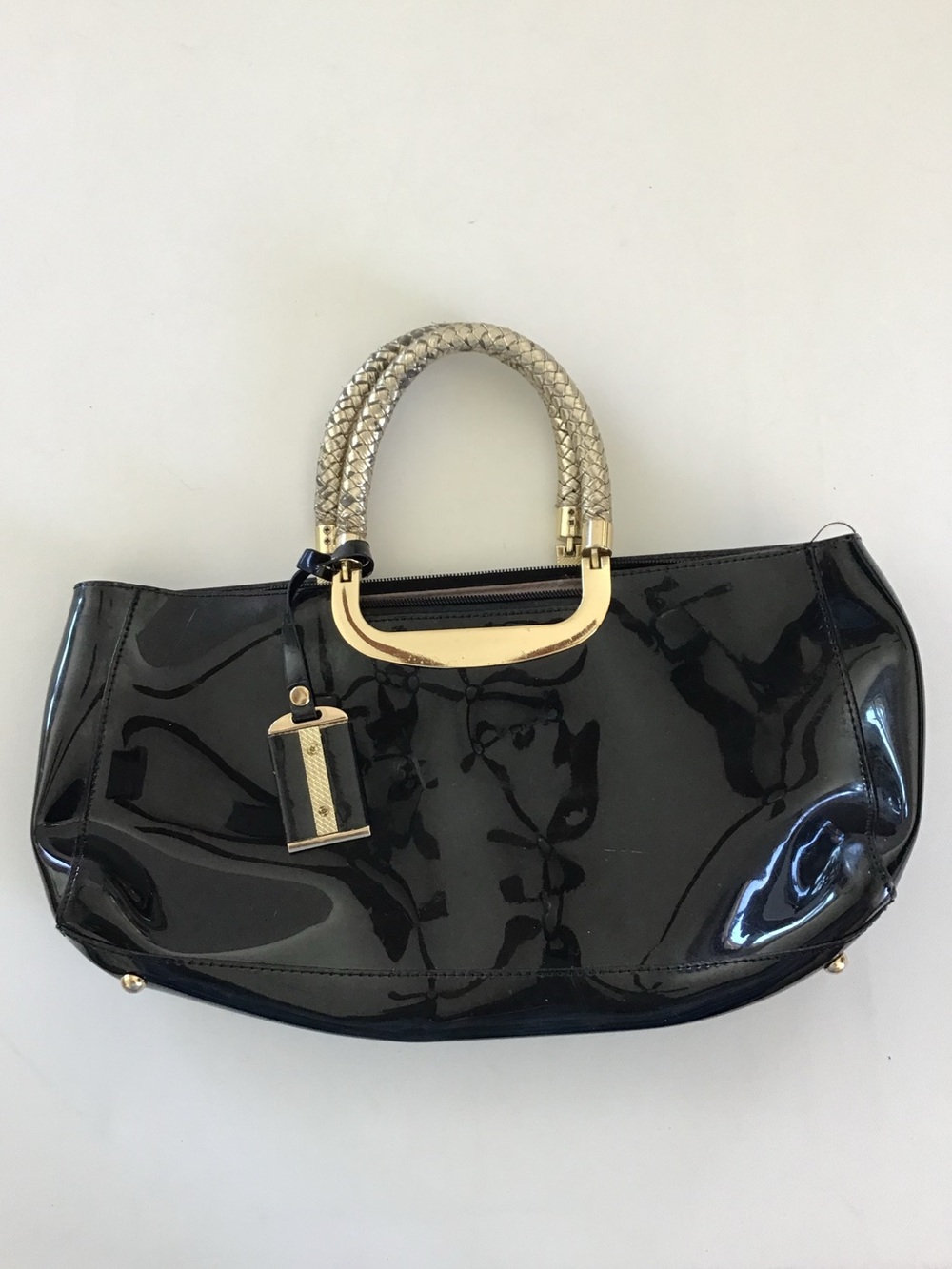 Vintage Black Patent Leather Handbag with Braided Metallic Handles & Gold-Tone